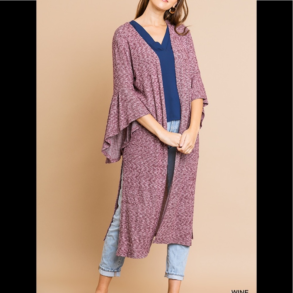 Umgee Bell Sleeve Wine Ribbed Long Cardigan